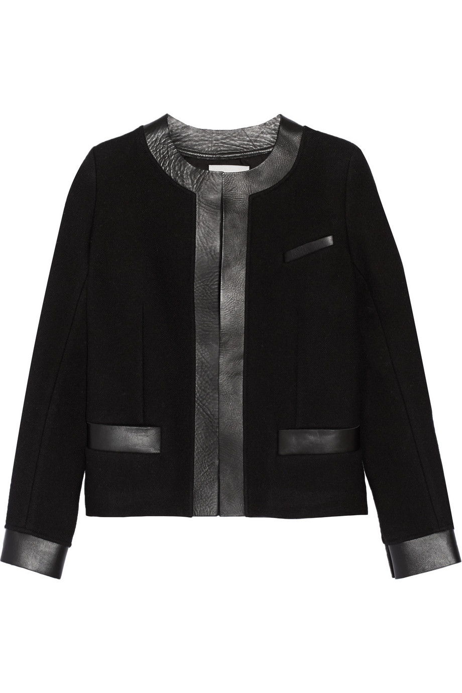 Leather Trimmed Wool Blend Jacket Black - pattern: plain; style: single breasted blazer; collar: round collar/collarless; predominant colour: black; occasions: casual, evening; length: standard; fit: tailored/fitted; fibres: wool - mix; sleeve length: long sleeve; sleeve style: standard; collar break: high/illusion of break when open; pattern type: fabric; texture group: woven light midweight; season: a/w 2015