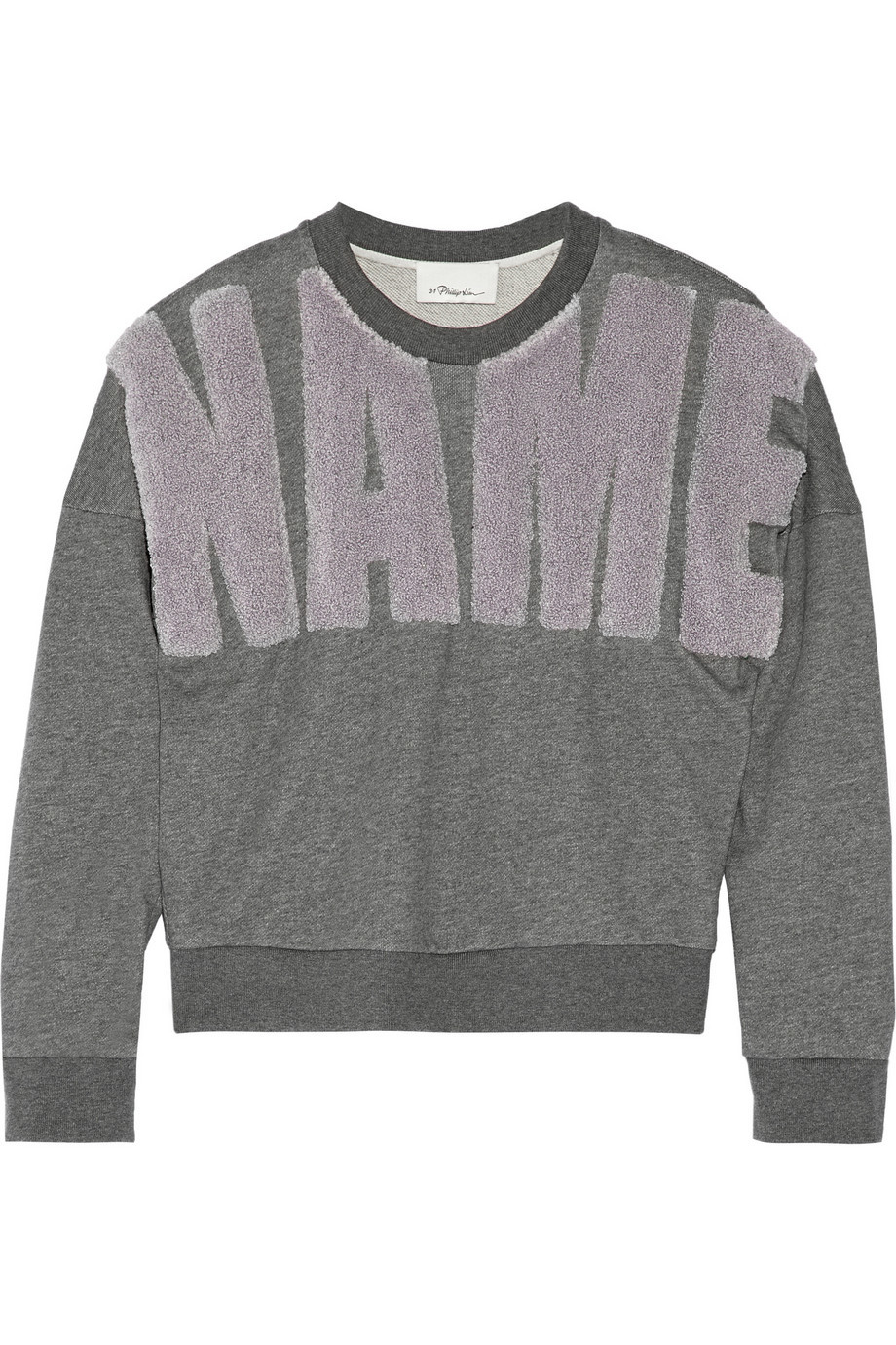 Name Drop Appliquéd Cotton Jersey Top Gray - secondary colour: lilac; predominant colour: mid grey; occasions: casual; length: standard; style: top; fibres: cotton - 100%; fit: body skimming; neckline: crew; sleeve length: long sleeve; sleeve style: standard; pattern type: fabric; texture group: jersey - stretchy/drapey; pattern: graphic/slogan; multicoloured: multicoloured; season: a/w 2015