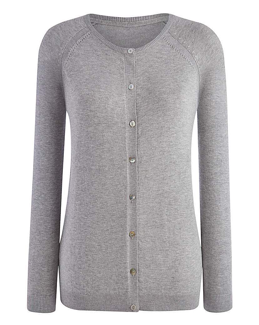 Crew Neck Cardigan - neckline: round neck; pattern: plain; bust detail: buttons at bust (in middle at breastbone)/zip detail at bust; predominant colour: light grey; occasions: casual; length: standard; style: standard; fit: slim fit; sleeve length: long sleeve; sleeve style: standard; texture group: knits/crochet; pattern type: fabric; fibres: viscose/rayon - mix; season: a/w 2015