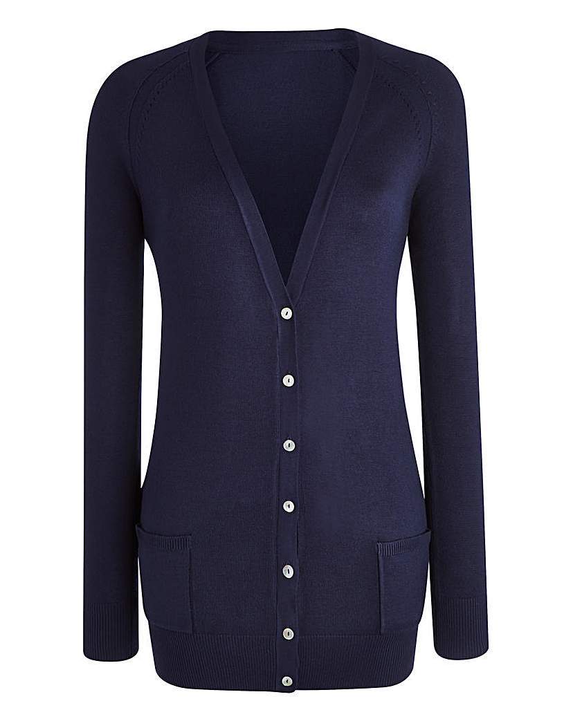 Boyfriend Cardigan - neckline: low v-neck; pattern: plain; length: below the bottom; predominant colour: navy; occasions: casual, work, creative work; style: standard; fit: standard fit; sleeve length: long sleeve; sleeve style: standard; texture group: knits/crochet; pattern type: knitted - fine stitch; season: a/w 2015