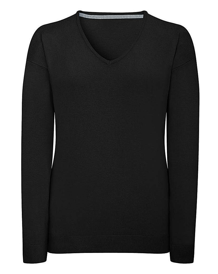 Black V Neck Jumper - neckline: v-neck; pattern: plain; style: standard; predominant colour: black; occasions: casual; length: standard; fit: slim fit; sleeve length: long sleeve; sleeve style: standard; texture group: knits/crochet; pattern type: fabric; fibres: viscose/rayon - mix; season: a/w 2015