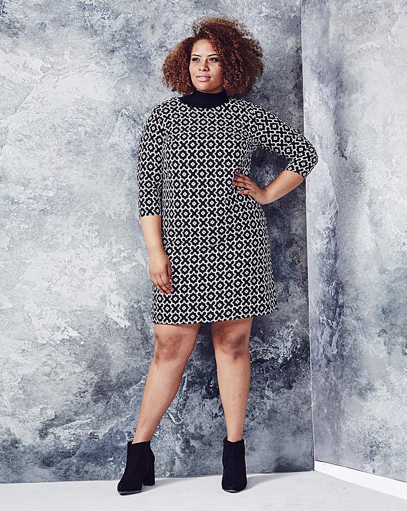 Black/White Geo Print Tunic Dress - style: tunic; neckline: roll neck; secondary colour: mid grey; predominant colour: black; occasions: casual, creative work; length: just above the knee; fit: body skimming; fibres: polyester/polyamide - 100%; sleeve length: 3/4 length; sleeve style: standard; pattern type: fabric; pattern size: standard; pattern: patterned/print; texture group: woven light midweight; season: a/w 2015