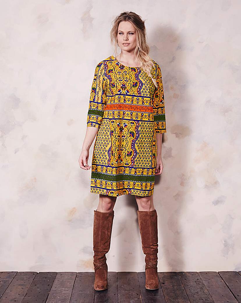 Yellow/Navy Tile Print Tunic Dress - style: shift; fit: loose; predominant colour: yellow; secondary colour: dark green; occasions: casual; length: on the knee; fibres: polyester/polyamide - 100%; neckline: crew; sleeve length: 3/4 length; sleeve style: standard; pattern type: fabric; pattern: patterned/print; texture group: other - light to midweight; multicoloured: multicoloured; season: a/w 2015