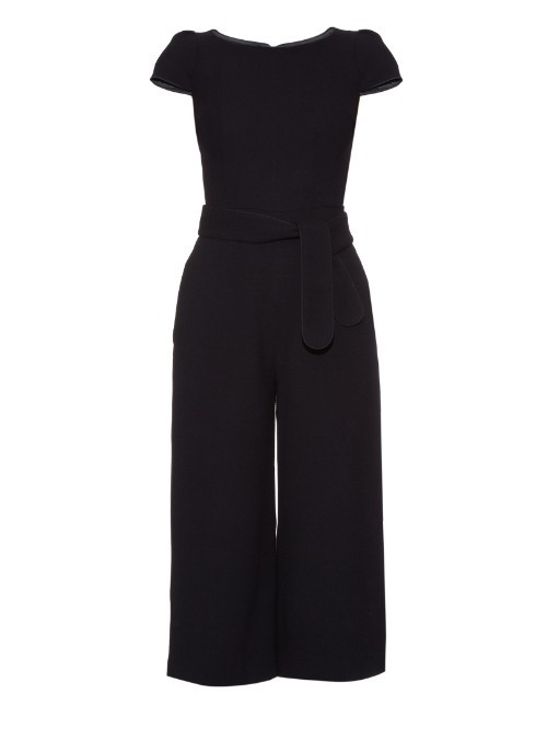 Balthazar Cropped Crepe Jumpsuit - neckline: round neck; sleeve style: capped; pattern: plain; predominant colour: black; occasions: evening, occasion; length: calf length; fit: fitted at waist & bust; fibres: cotton - stretch; sleeve length: short sleeve; texture group: crepes; style: jumpsuit; pattern type: fabric; season: a/w 2015