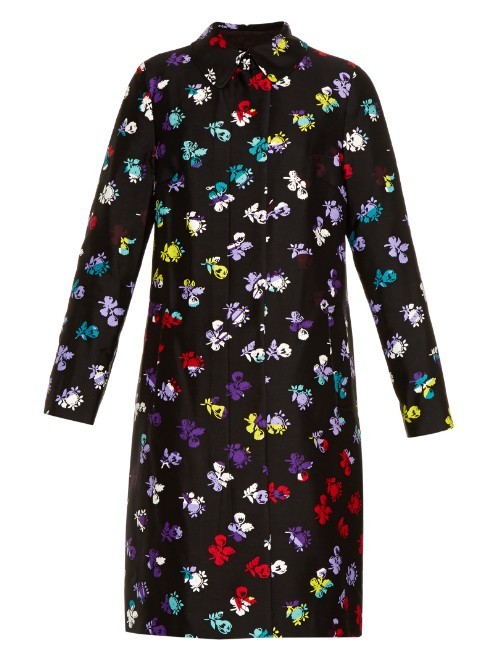 Amana Coat - style: single breasted; length: mid thigh; predominant colour: black; fit: straight cut (boxy); fibres: silk - 100%; occasions: occasion; collar: shirt collar/peter pan/zip with opening; sleeve length: long sleeve; sleeve style: standard; texture group: structured shiny - satin/tafetta/silk etc.; collar break: high; pattern type: fabric; pattern size: standard; pattern: florals; multicoloured: multicoloured; season: a/w 2015