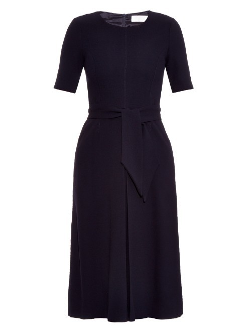 Blythe Pleated Wool Crepe Midi Dress - style: shift; length: below the knee; neckline: round neck; pattern: plain; waist detail: belted waist/tie at waist/drawstring; predominant colour: navy; occasions: evening, work, creative work; fit: soft a-line; fibres: wool - 100%; sleeve length: short sleeve; sleeve style: standard; pattern type: fabric; texture group: woven light midweight; season: a/w 2015
