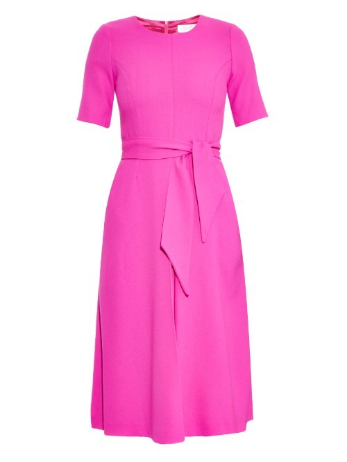 Blythe Pleated Wool Crepe Midi Dress - length: below the knee; pattern: plain; waist detail: belted waist/tie at waist/drawstring; predominant colour: hot pink; fit: fitted at waist & bust; style: fit & flare; fibres: wool - mix; occasions: occasion, creative work; neckline: crew; sleeve length: sleeveless; sleeve style: standard; texture group: crepes; pattern type: fabric; season: a/w 2015