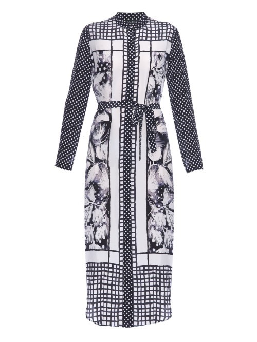 Molly Silk Crepe Shirt Dress - style: shirt; length: calf length; waist detail: belted waist/tie at waist/drawstring; secondary colour: white; predominant colour: charcoal; occasions: evening; fit: body skimming; neckline: collarstand; fibres: silk - 100%; sleeve length: long sleeve; sleeve style: standard; pattern type: fabric; pattern: patterned/print; texture group: woven light midweight; multicoloured: multicoloured; season: a/w 2015
