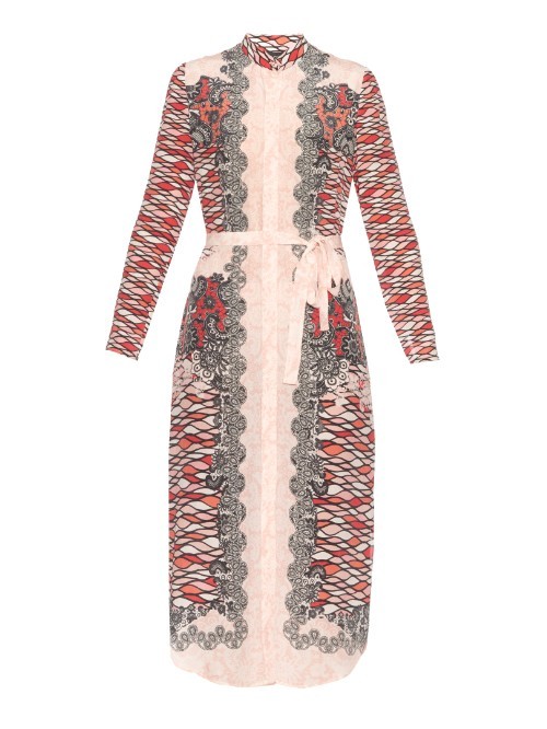 Molly Curly Print Silk Crepe Shirtdress - style: shirt; waist detail: belted waist/tie at waist/drawstring; predominant colour: blush; secondary colour: true red; occasions: evening; length: on the knee; fit: body skimming; neckline: collarstand; fibres: silk - 100%; sleeve length: long sleeve; sleeve style: standard; pattern type: fabric; pattern: patterned/print; texture group: woven light midweight; multicoloured: multicoloured; season: a/w 2015