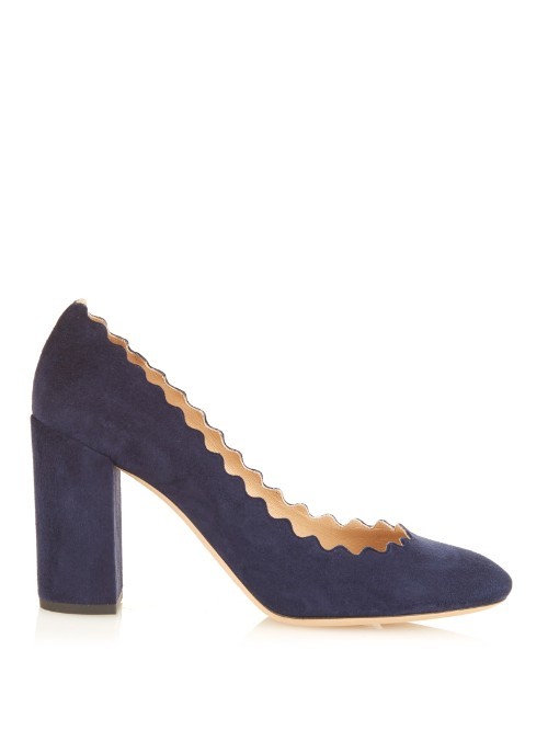Lauren Scallop Edged High Block Heel Suede Pumps - predominant colour: navy; occasions: evening, occasion; material: suede; heel height: high; heel: block; toe: round toe; style: courts; finish: plain; pattern: plain; season: a/w 2015