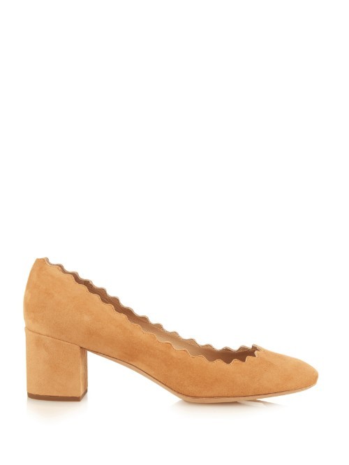 Lauren Scallop Edged Block Heel Suede Pumps - predominant colour: mustard; occasions: evening, occasion, creative work; material: suede; heel height: mid; heel: block; toe: pointed toe; style: courts; finish: plain; pattern: plain; season: a/w 2015