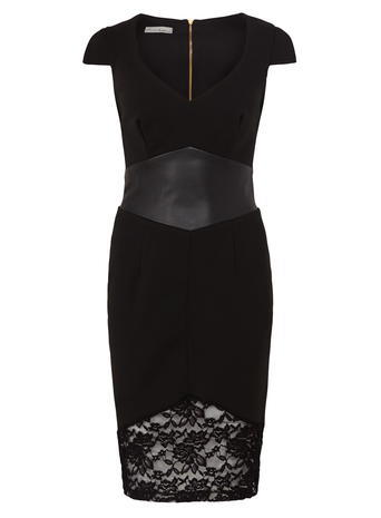 Womens **Another Label Sweetheart Bodycon Dress Black - style: shift; length: below the knee; neckline: low v-neck; sleeve style: capped; fit: tailored/fitted; pattern: plain; predominant colour: black; occasions: evening; fibres: polyester/polyamide - stretch; sleeve length: short sleeve; pattern type: fabric; texture group: woven light midweight; embellishment: lace; season: a/w 2015