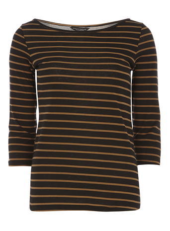 Womens Tan Stripe 3/4 Sleeve Top Black - neckline: slash/boat neckline; pattern: horizontal stripes; style: t-shirt; secondary colour: tan; predominant colour: black; occasions: casual; length: standard; fibres: cotton - stretch; fit: body skimming; sleeve length: long sleeve; sleeve style: standard; texture group: jersey - clingy; pattern type: fabric; pattern size: standard; season: a/w 2015