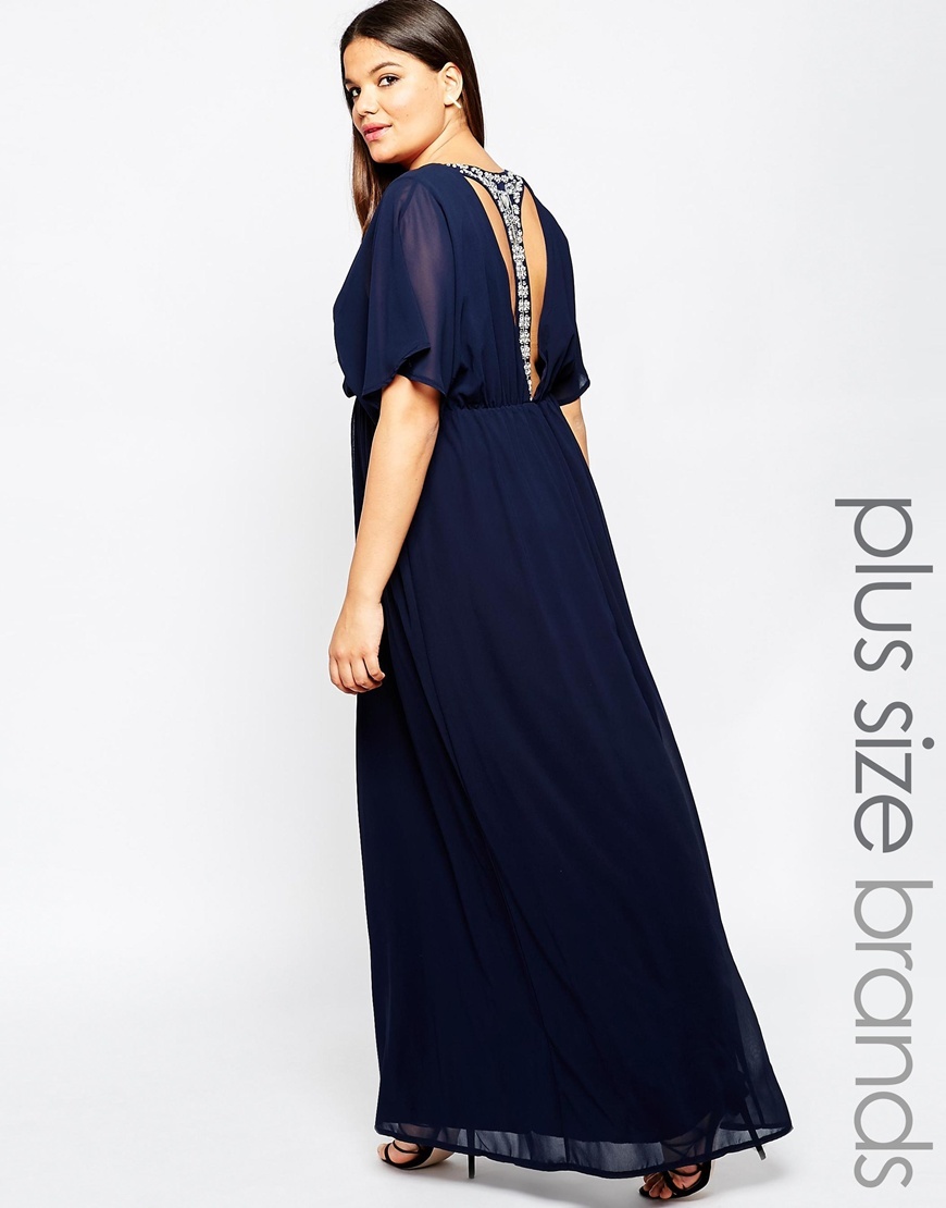 Plus Size Maxi Dress With T Bar Embellished Back Navy - neckline: round neck; sleeve style: angel/waterfall; fit: fitted at waist; pattern: plain; style: maxi dress; length: ankle length; predominant colour: navy; secondary colour: silver; occasions: evening; fibres: polyester/polyamide - 100%; hip detail: soft pleats at hip/draping at hip/flared at hip; back detail: embellishment at back; sleeve length: half sleeve; texture group: sheer fabrics/chiffon/organza etc.; pattern type: fabric; season: a/w 2015