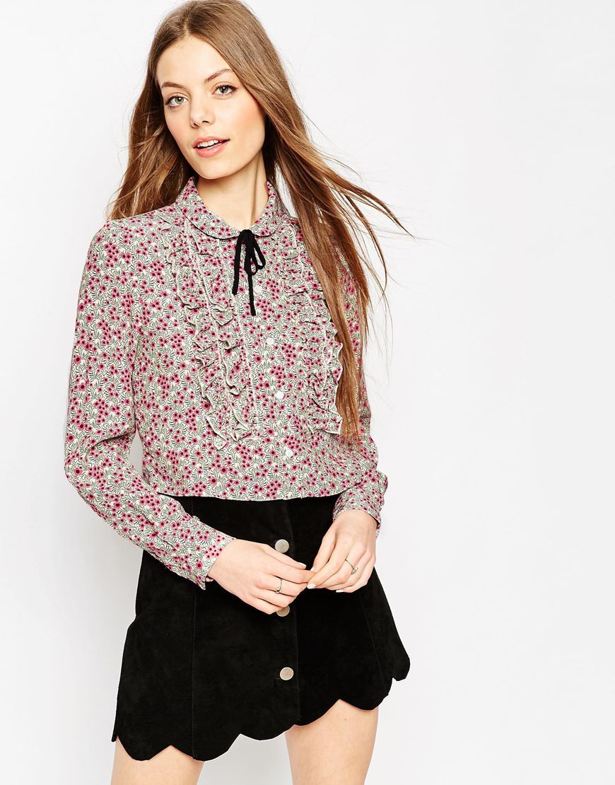 Ruffle Front Blouse In Ditsy Print With Contrast Tie Multi - neckline: pussy bow; style: blouse; predominant colour: black; occasions: casual, work, creative work; length: standard; fibres: viscose/rayon - 100%; fit: body skimming; sleeve length: long sleeve; sleeve style: standard; pattern type: fabric; pattern: florals; texture group: other - light to midweight; pattern size: big & busy (top); multicoloured: multicoloured; season: a/w 2015