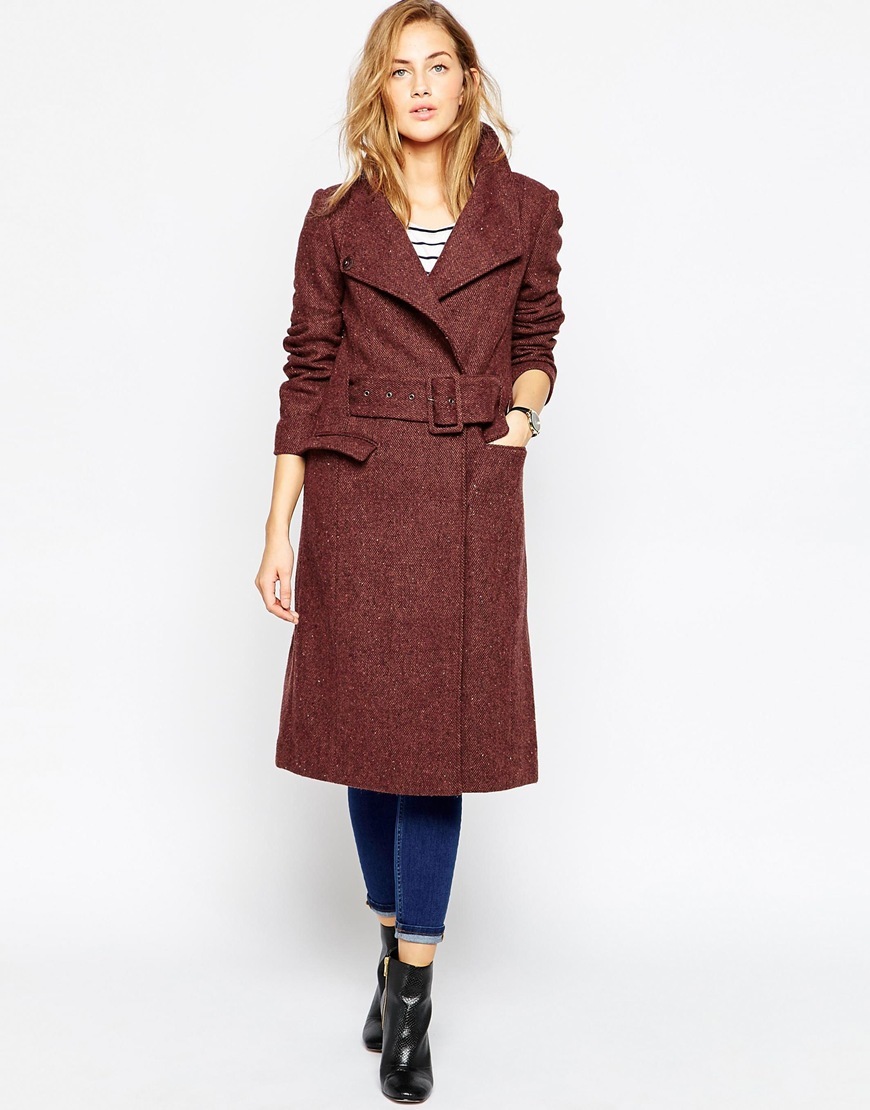 Coat In Funnel Neck In Tweed Wine - style: wrap around; collar: standard lapel/rever collar; pattern: herringbone/tweed; predominant colour: burgundy; occasions: casual, creative work; fit: straight cut (boxy); fibres: wool - mix; length: below the knee; sleeve length: long sleeve; sleeve style: standard; collar break: medium; pattern type: fabric; pattern size: standard; texture group: tweed - bulky/heavy; season: a/w 2015