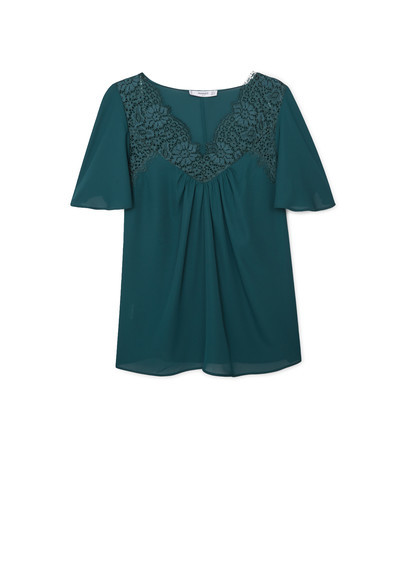 Lace Panel Blouse - neckline: v-neck; style: blouse; predominant colour: teal; occasions: casual; length: standard; fibres: polyester/polyamide - 100%; fit: straight cut; sleeve length: short sleeve; sleeve style: standard; pattern type: fabric; pattern size: standard; pattern: patterned/print; texture group: jersey - stretchy/drapey; embellishment: lace; season: a/w 2015