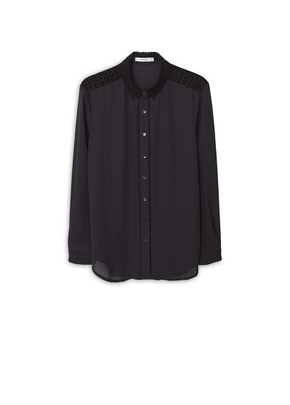 Crochet Panels Shirt - neckline: shirt collar/peter pan/zip with opening; pattern: plain; style: shirt; predominant colour: black; occasions: casual, creative work; length: standard; fibres: polyester/polyamide - 100%; fit: straight cut; shoulder detail: added shoulder detail; sleeve length: long sleeve; sleeve style: standard; texture group: sheer fabrics/chiffon/organza etc.; pattern type: fabric; embellishment: lace; season: a/w 2015