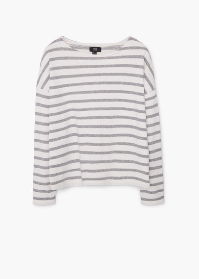 Striped Cotton Blend Sweatshirt - neckline: round neck; pattern: horizontal stripes; predominant colour: white; secondary colour: mid grey; occasions: casual; length: standard; style: top; fibres: cotton - mix; fit: body skimming; sleeve length: long sleeve; sleeve style: standard; pattern type: fabric; texture group: jersey - stretchy/drapey; multicoloured: multicoloured; season: a/w 2015