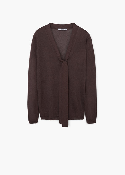 Bow Collar Jumpsuit - pattern: plain; neckline: pussy bow; predominant colour: chocolate brown; occasions: casual, creative work; length: standard; style: top; fit: loose; sleeve length: long sleeve; sleeve style: standard; texture group: knits/crochet; season: a/w 2015