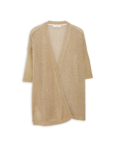 Metal Thread Cardigan - pattern: plain; length: below the bottom; neckline: collarless open; style: open front; predominant colour: champagne; occasions: casual, evening; fit: loose; sleeve length: half sleeve; sleeve style: standard; texture group: knits/crochet; pattern type: knitted - fine stitch; season: a/w 2015