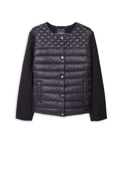 Mixed Quilted Jacket - pattern: plain; collar: round collar/collarless; style: bomber; predominant colour: black; occasions: casual; length: standard; fit: straight cut (boxy); sleeve length: long sleeve; sleeve style: standard; texture group: technical outdoor fabrics; collar break: high; pattern type: fabric; season: a/w 2015