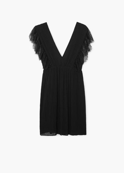 Lace Pleated Dress - style: shift; neckline: low v-neck; fit: fitted at waist; pattern: plain; sleeve style: sleeveless; predominant colour: black; occasions: evening, occasion; length: just above the knee; fibres: cotton - mix; sleeve length: sleeveless; pattern type: fabric; texture group: jersey - stretchy/drapey; embellishment: lace; season: a/w 2015
