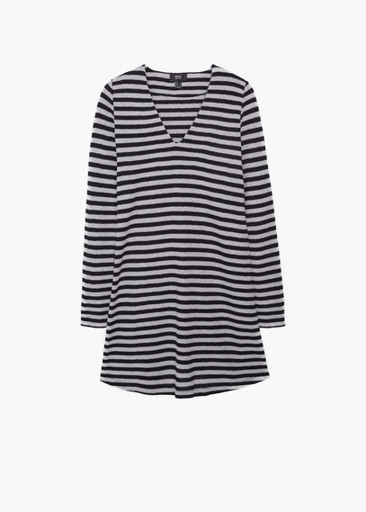 Textured Cotton Blend Dress - neckline: v-neck; pattern: horizontal stripes; predominant colour: mid grey; secondary colour: light grey; occasions: casual; length: just above the knee; fit: soft a-line; style: fit & flare; fibres: cotton - stretch; sleeve length: long sleeve; sleeve style: standard; texture group: jersey - stretchy/drapey; season: a/w 2015