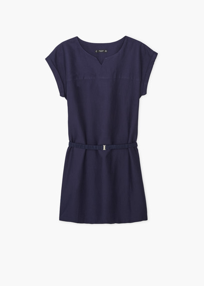 Belt Cotton Dress - style: shift; length: mini; neckline: round neck; pattern: plain; waist detail: belted waist/tie at waist/drawstring; predominant colour: navy; occasions: casual, creative work; fit: soft a-line; fibres: cotton - 100%; sleeve length: short sleeve; sleeve style: standard; texture group: crepes; pattern type: fabric; season: a/w 2015