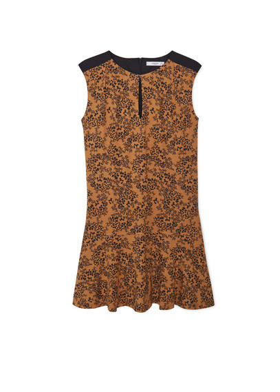 Printed Flared Dress - style: shift; length: mid thigh; neckline: round neck; sleeve style: sleeveless; predominant colour: mustard; secondary colour: black; occasions: evening, creative work; fit: soft a-line; fibres: viscose/rayon - stretch; sleeve length: sleeveless; texture group: crepes; pattern type: fabric; pattern: patterned/print; season: a/w 2015
