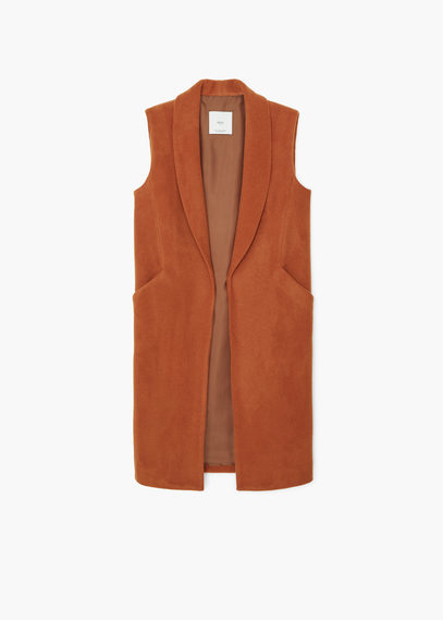 Side Pocket Wool Blend Waistcoat - pattern: plain; sleeve style: sleeveless; style: gilet; collar: shawl/waterfall; length: below the bottom; predominant colour: terracotta; fit: tailored/fitted; sleeve length: sleeveless; collar break: low/open; pattern type: fabric; texture group: other - light to midweight; occasions: creative work; season: a/w 2015