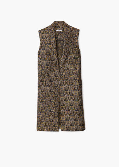 Jacquard Gilet - neckline: v-neck; sleeve style: sleeveless; style: tunic; predominant colour: chocolate brown; secondary colour: tan; occasions: casual, creative work; fit: tailored/fitted; length: mid thigh; sleeve length: sleeveless; pattern: patterned/print; texture group: brocade/jacquard; pattern size: big & busy (top); season: a/w 2015