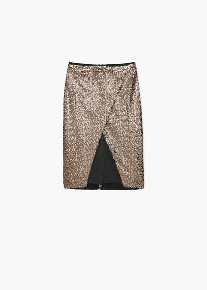 Sequin Wrap Skirt - style: wrap/faux wrap; fit: body skimming; waist: mid/regular rise; predominant colour: gold; secondary colour: black; occasions: evening, creative work; length: just above the knee; pattern type: fabric; pattern: patterned/print; texture group: woven light midweight; embellishment: sequins; season: a/w 2015