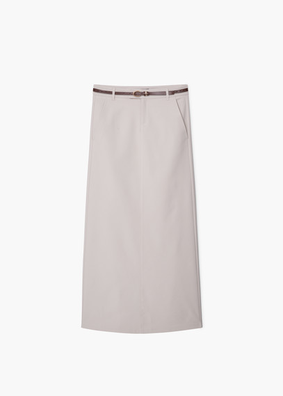 Belt Long Skirt - length: below the knee; pattern: plain; style: straight; waist: high rise; waist detail: belted waist/tie at waist/drawstring; predominant colour: stone; fibres: polyester/polyamide - mix; fit: straight cut; pattern type: fabric; texture group: other - light to midweight; occasions: creative work; season: a/w 2015