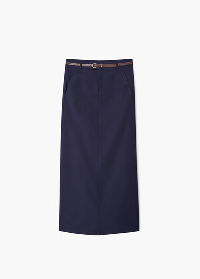 Belt Long Skirt - pattern: plain; style: straight; waist detail: belted waist/tie at waist/drawstring; waist: mid/regular rise; predominant colour: navy; occasions: casual, creative work; length: floor length; fibres: cotton - stretch; fit: straight cut; pattern type: fabric; texture group: woven light midweight; season: a/w 2015