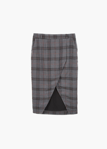 Check Wrap Skirt - pattern: checked/gingham; style: tulip; fit: body skimming; waist: mid/regular rise; secondary colour: true red; predominant colour: charcoal; length: on the knee; pattern type: fabric; texture group: other - light to midweight; occasions: creative work; pattern size: standard (bottom); season: a/w 2015