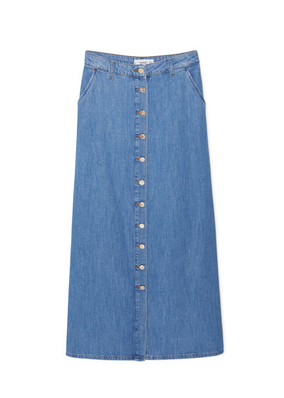 Buttoned Denim Skirt - length: calf length; pattern: plain; fit: loose/voluminous; waist: mid/regular rise; predominant colour: denim; occasions: casual, creative work; style: a-line; fibres: cotton - stretch; texture group: denim; pattern type: fabric; season: a/w 2015