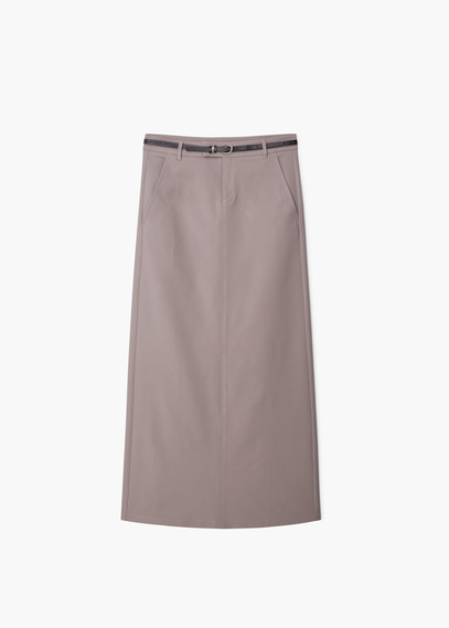 Belt Long Skirt - pattern: plain; fit: body skimming; waist: high rise; waist detail: belted waist/tie at waist/drawstring; predominant colour: stone; occasions: casual; length: floor length; style: maxi skirt; texture group: cotton feel fabrics; pattern type: fabric; season: a/w 2015
