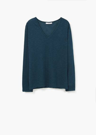 Slub T Shirt - neckline: low v-neck; pattern: plain; style: t-shirt; predominant colour: teal; occasions: casual; length: standard; fibres: polyester/polyamide - stretch; fit: straight cut; sleeve length: long sleeve; sleeve style: standard; pattern type: fabric; texture group: jersey - stretchy/drapey; season: a/w 2015
