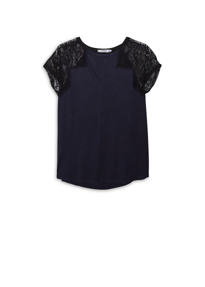 Lace Sleeve T Shirt - sleeve style: capped; pattern: plain; style: t-shirt; predominant colour: navy; occasions: casual; length: standard; fibres: cotton - stretch; fit: loose; neckline: crew; sleeve length: short sleeve; pattern type: fabric; texture group: jersey - stretchy/drapey; embellishment: lace; shoulder detail: sheer at shoulder; season: a/w 2015