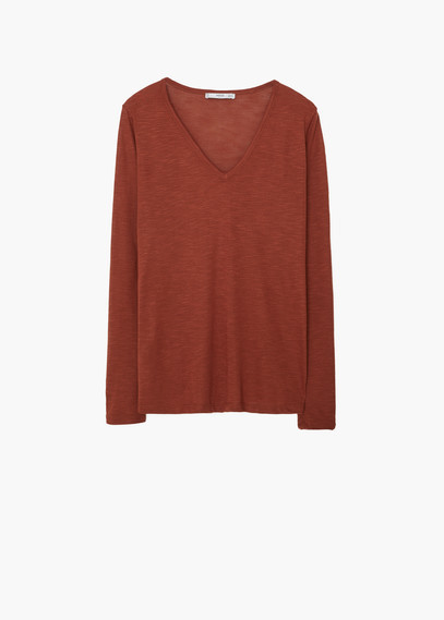 Slub T Shirt - neckline: v-neck; style: t-shirt; predominant colour: terracotta; occasions: casual; length: standard; fibres: cotton - stretch; fit: loose; sleeve length: long sleeve; sleeve style: standard; pattern type: fabric; pattern size: standard; texture group: jersey - stretchy/drapey; pattern: marl; season: a/w 2015