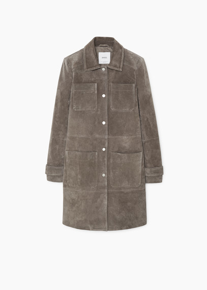 Suede Coat - pattern: plain; style: single breasted; length: mid thigh; predominant colour: taupe; occasions: casual, creative work; fit: tailored/fitted; collar: shirt collar/peter pan/zip with opening; sleeve length: long sleeve; sleeve style: standard; collar break: high; pattern type: fabric; texture group: suede; season: a/w 2015