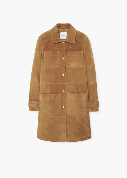 Suede Coat - pattern: plain; style: single breasted; length: mid thigh; predominant colour: camel; occasions: casual; fit: straight cut (boxy); fibres: leather - 100%; collar: shirt collar/peter pan/zip with opening; sleeve length: long sleeve; sleeve style: standard; collar break: high; pattern type: fabric; texture group: suede; season: a/w 2015; trends: folky 70s