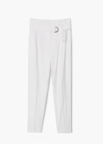 Tab Detail High Waist Trousers - length: standard; pattern: plain; waist: high rise; waist detail: belted waist/tie at waist/drawstring; predominant colour: white; occasions: casual, creative work; fibres: cotton - stretch; hip detail: front pleats at hip level; fit: straight leg; pattern type: fabric; texture group: woven light midweight; style: standard; season: a/w 2015
