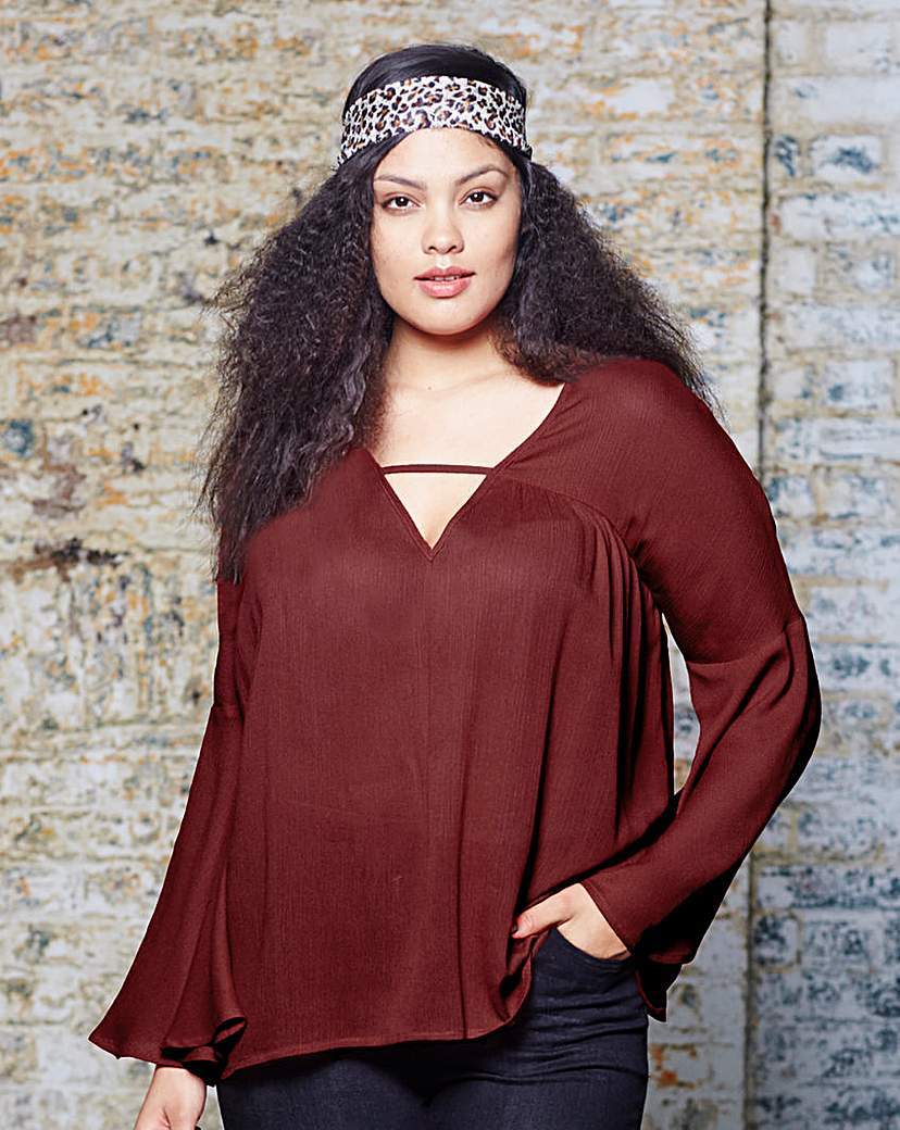 V Neck Boho Sleeve Tunic - neckline: low v-neck; sleeve style: bell sleeve; pattern: plain; length: below the bottom; style: tunic; predominant colour: burgundy; occasions: casual, creative work; fit: loose; sleeve length: long sleeve; pattern type: fabric; texture group: jersey - stretchy/drapey; season: a/w 2015
