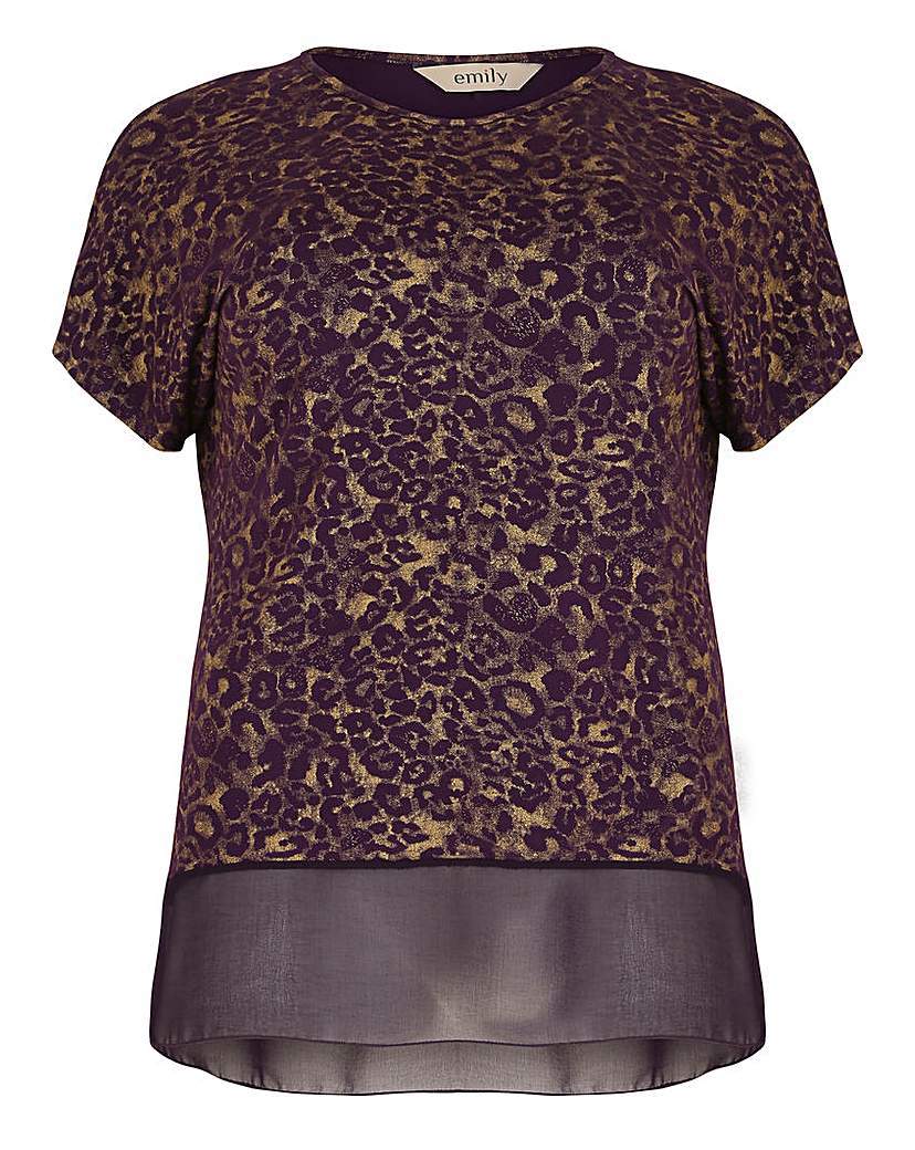 Emily Emily Foil Print Top With Chiffon - sleeve style: capped; predominant colour: burgundy; secondary colour: stone; occasions: evening, creative work; length: standard; style: top; fibres: viscose/rayon - stretch; fit: body skimming; neckline: crew; sleeve length: short sleeve; pattern type: fabric; pattern size: light/subtle; pattern: animal print; texture group: other - light to midweight; season: a/w 2015