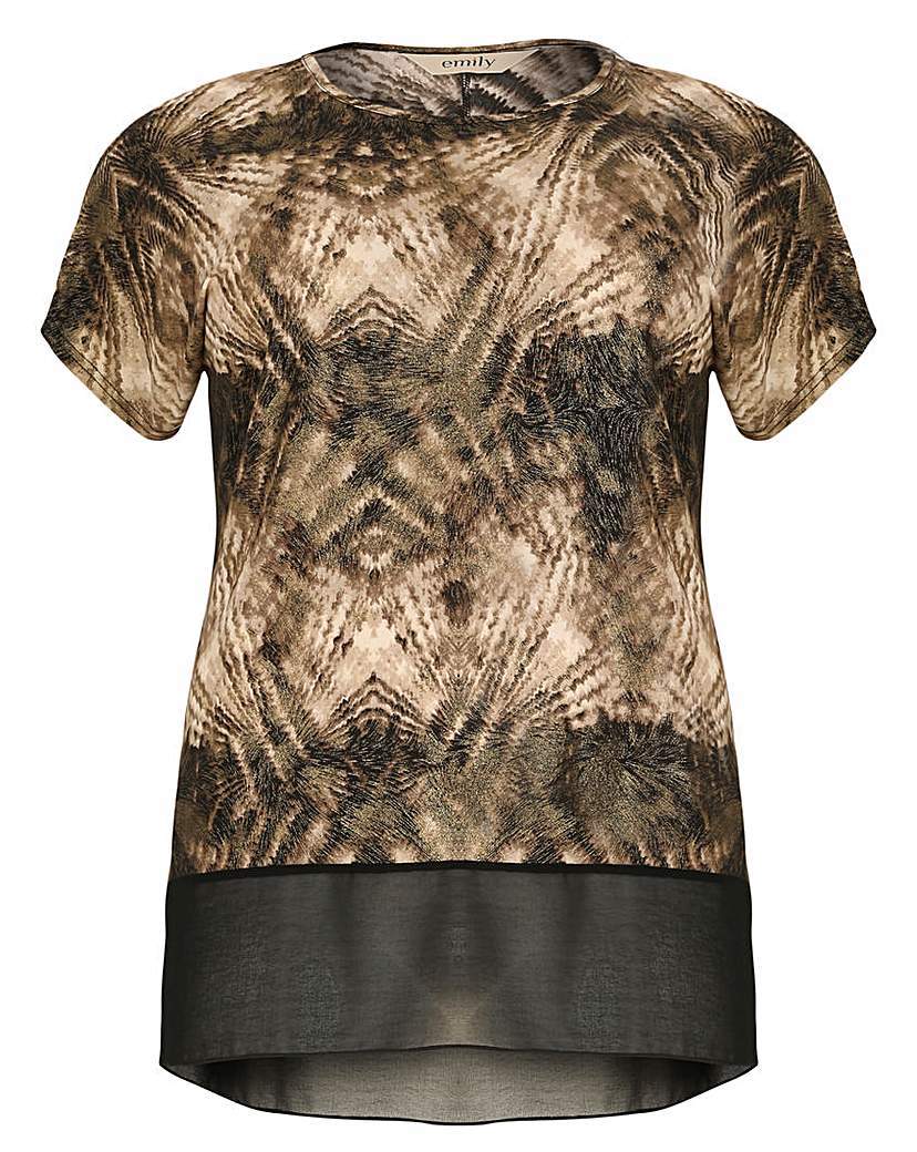 Emily Emily Foil Print Top With Chiffon - predominant colour: camel; secondary colour: black; occasions: casual, creative work; length: standard; style: top; fibres: polyester/polyamide - 100%; fit: straight cut; neckline: crew; sleeve length: short sleeve; sleeve style: standard; pattern type: fabric; pattern size: standard; pattern: patterned/print; texture group: woven light midweight; season: a/w 2015