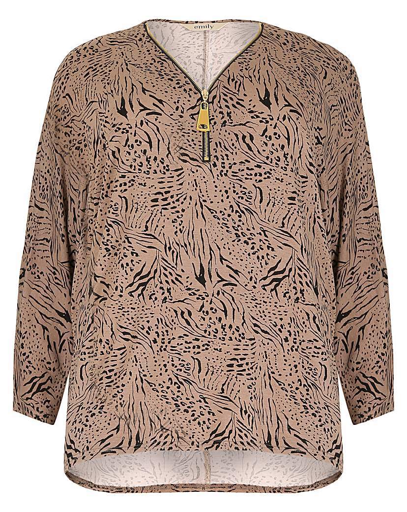 Emily Zip Front Print Top - neckline: v-neck; style: blouse; bust detail: buttons at bust (in middle at breastbone)/zip detail at bust; predominant colour: taupe; secondary colour: black; occasions: casual, creative work; length: standard; fibres: polyester/polyamide - 100%; fit: straight cut; sleeve length: 3/4 length; sleeve style: standard; pattern type: fabric; pattern size: standard; pattern: patterned/print; texture group: woven light midweight; embellishment: zips; season: a/w 2015