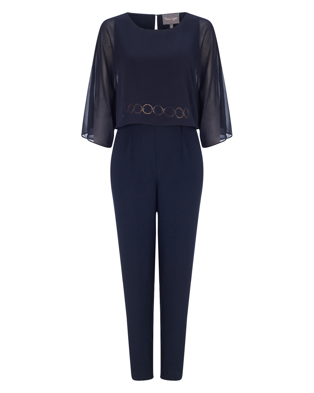 Janessa Jumpsuit - length: standard; neckline: round neck; fit: tailored/fitted; pattern: plain; waist detail: fitted waist; bust detail: ruching/gathering/draping/layers/pintuck pleats at bust; secondary colour: white; predominant colour: navy; occasions: evening, occasion; fibres: polyester/polyamide - mix; sleeve length: 3/4 length; sleeve style: standard; texture group: crepes; style: jumpsuit; pattern type: fabric; embellishment: sequins; season: a/w 2015