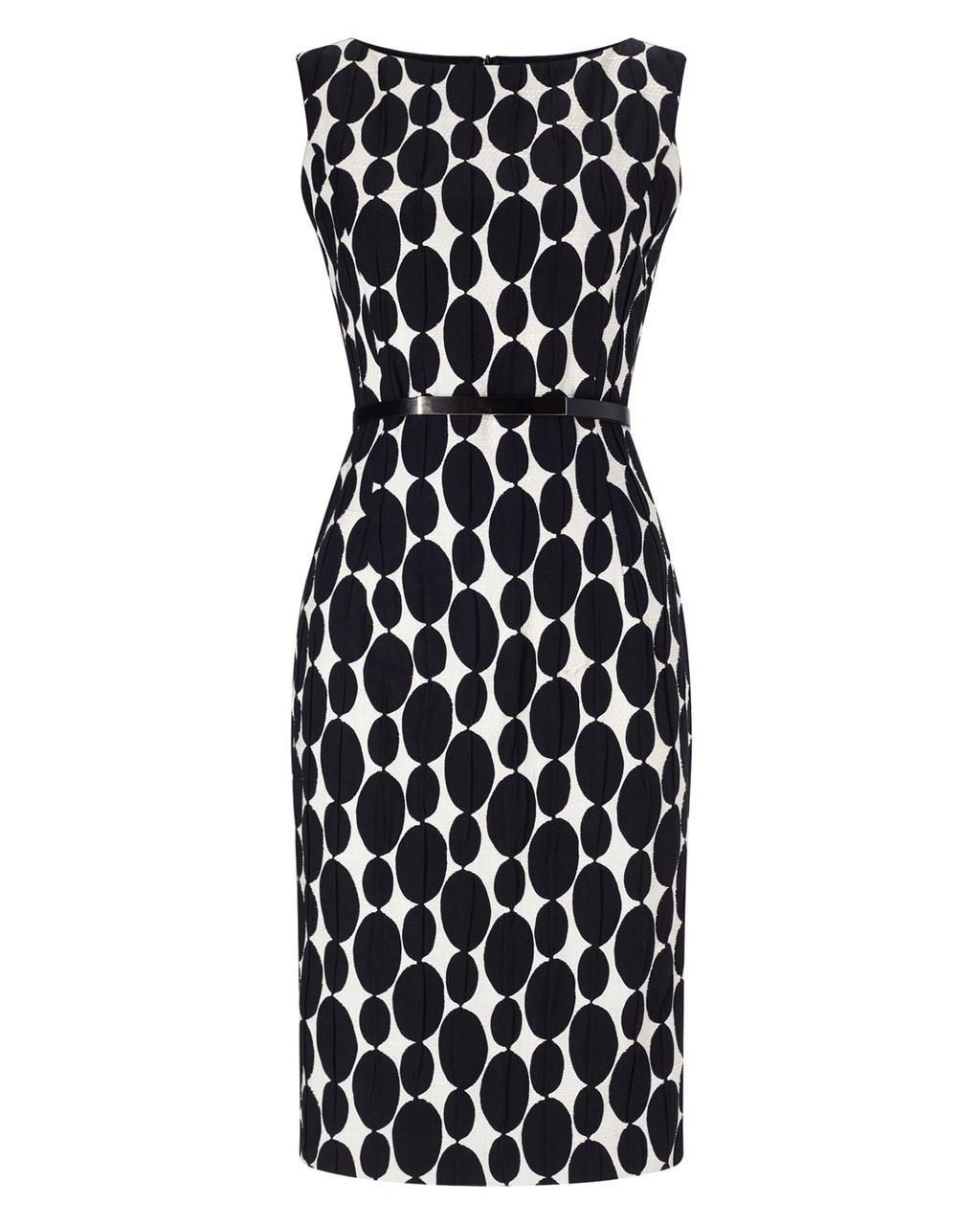 Oval Jacquard Dress - style: shift; neckline: slash/boat neckline; fit: tailored/fitted; sleeve style: sleeveless; waist detail: belted waist/tie at waist/drawstring; secondary colour: white; predominant colour: black; length: on the knee; fibres: polyester/polyamide - 100%; occasions: occasion, creative work; sleeve length: sleeveless; pattern type: fabric; pattern size: standard; pattern: patterned/print; texture group: brocade/jacquard; season: a/w 2015